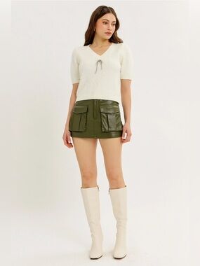 Olive Green Faux Leather Cargo Mini Skort - 887